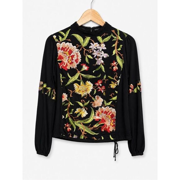 Anthropologie Tops - Anthropologie Tiny XS Embroidered Floral Blouse Black Mock Neck Boho Cottagecore